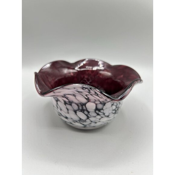 Art Glass Ruffled Edge Bowl Purple White Handmade Candle Holder Trinket Dish - Picture 8 of 10